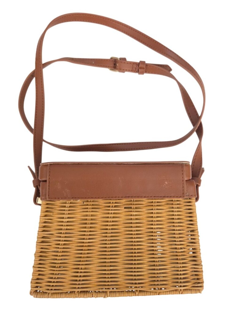 ZARA Wicker Crossbody Mini Basket Bag Straw Purse Brown Faux Leather Gold Clasp - Picture 3 of 7